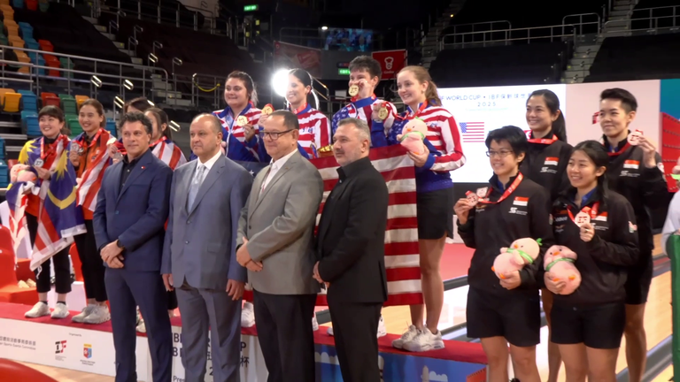 IBF bowling world cup men teams podium with their flags