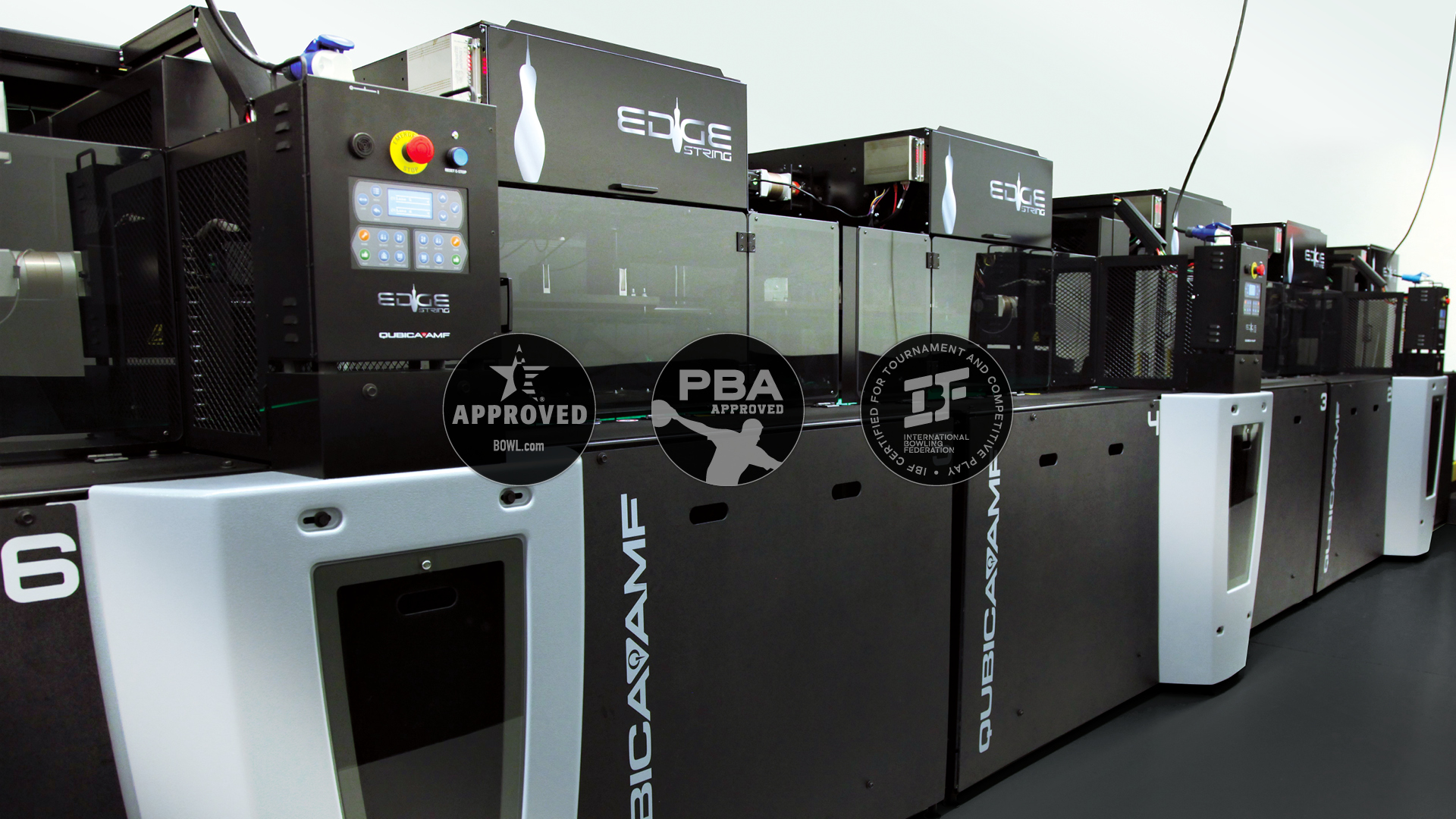 QubicaAMF EDGE String Pinspotter on dark background with usbc approved, pba approved, ibf approved stamps